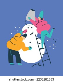 A guy and a girl in down jackets sculpt and decorate a snowman. The character, standing on the stairs, puts a bucket on the snowman's head. Flat colorful illustration for printing postcards, posters.