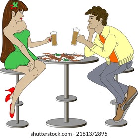 A guy and a girl drink beer and eat crayfish in a beer bar