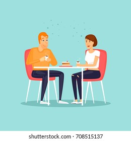 Guy and girl drink hot drinks. Couple having coffee. Flat design vector illustration.