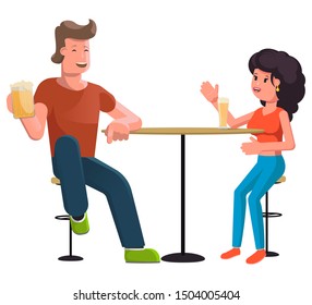 The guy with the girl is drinking beer at the bar. Isolated on a white background.