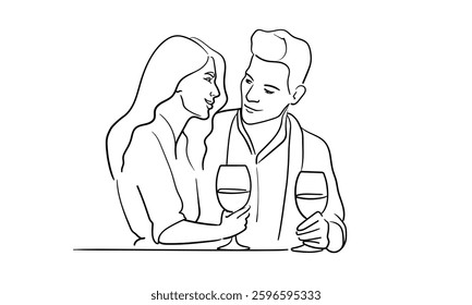Guy and girl drinking wine on white background. Line art drawing. Bar, alcohol, party, lovers. Vector illustration