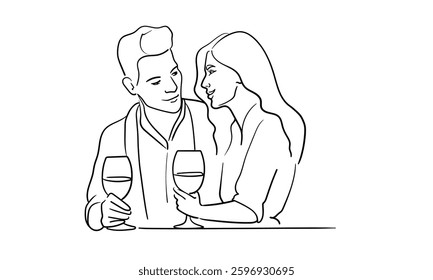 Guy and girl drinking wine on white background. Line art drawing. Bar, alcohol, party, lovers. Vector illustration