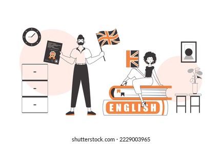 Guy and girl English teacher. The concept of learning a foreign language. Lineart modern style.
