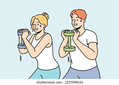 Guy, girl exercising with dumbbell. Young couple training together. Man, woman doing fitness, workout. Athletes work on strength, prepare body for competition. Weight loss practice. Vector outline.