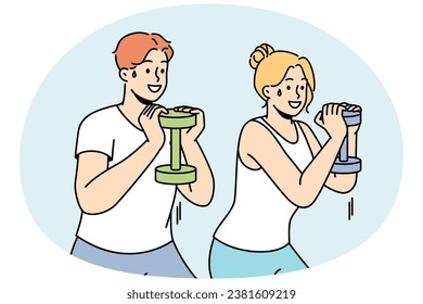 Guy, girl exercising with dumbbell. Young couple training together. Man, woman doing fitness, workout. Athletes work on strength, prepare body for competition. Weight loss practice. Vector outline.