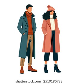 Chico y chica en Vector de ropa de otoño ilustración realista. Ropa de estilo urbano con estilo. Abrigo, invierno, primavera, ropa de otoño. 