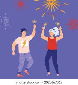 Guy and girl with festive sparklers in hands having fun at holiday party with fireworks in night sky. Firework pyrotechnics show or celebrate with salutes. Vector flat illustration