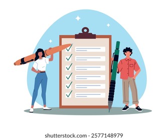 Guy and girl filled out items survey instrument. Woman hold huge pen, man stand near notebook paper with notes. check mark. Exam blank, educational test. Cartoon flat isolated vector concept