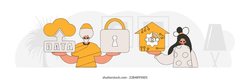 Hombre y niña forman un equipo de IoT, con figuras vectoriales modernas.