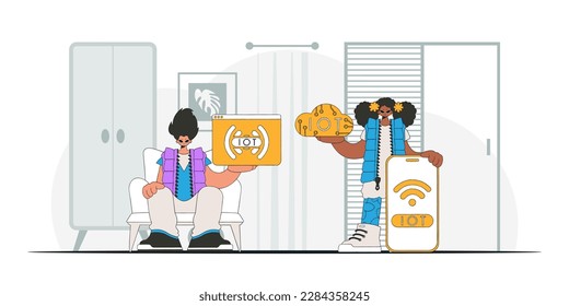 Guy and girl form a partnership in the IoT industry, as seen through a modern vector character style.