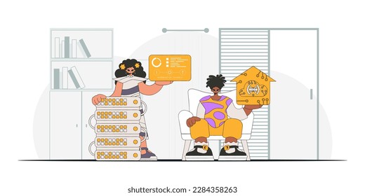 Guy and girl form a partnership in the IoT industry, as seen through a modern vector character style.