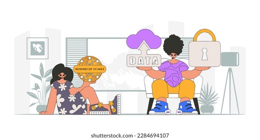 Guy and girl form a partnership in the IoT industry, as seen through a modern vector character style.