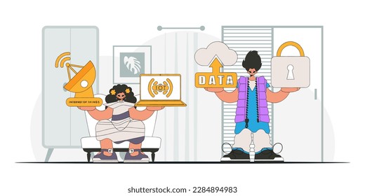 Guy and girl form a partnership in the IoT industry, as seen through a modern vector character style.