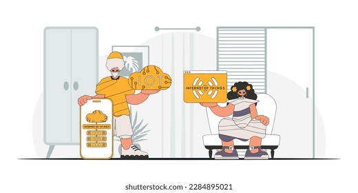 Guy and girl form a partnership in the IoT industry, as seen through a modern vector character style.