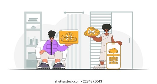 Guy and girl form a partnership in the IoT industry, as seen through a modern vector character style.