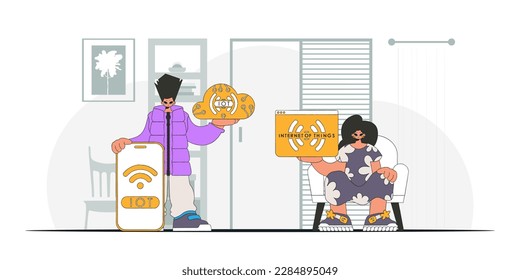 Guy and girl form a partnership in the IoT industry, as seen through a modern vector character style.