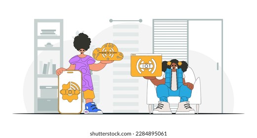 Guy and girl form a partnership in the IoT industry, as seen through a modern vector character style.