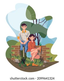 A guy with a girl in the garden. Colorful detailed illustration with a young couple. Love story of one pair.