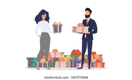 The guy and the girl give each other gifts. Holiday concept. Vector.