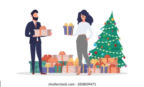 A guy and a girl give each other gifts for the new year. Christmas tree, gifts, family. Holiday concept. Vector.