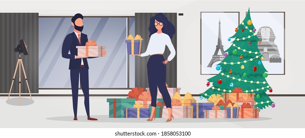 A guy and a girl give each other gifts for the new year. Christmas tree, gifts, family. Holiday concept. Vector.