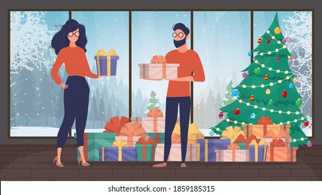 A guy and a girl give each other gifts for the new year. Christmas tree, gifts, family. Holiday concept. Vector.