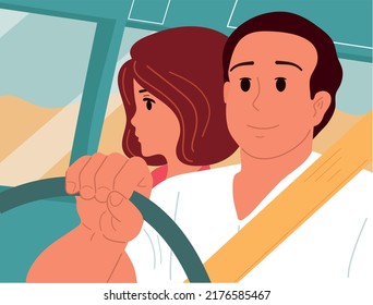 The guy and the girl go by car on a trip. Love and relationships.Vector illustration.