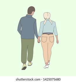 the guy and the girl go, holding hands. loving couple. vector illustration. man and woman, boy and girl.
