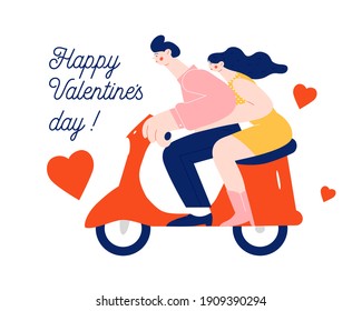 A guy and a girl go to a holiday-Valentines Day graphics, a young man with a girlfriend, drives a moped . Characters in the concept of love