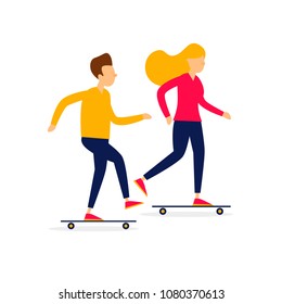 Guy and the girl go on skateboards. Flat illustration isolated on white background.