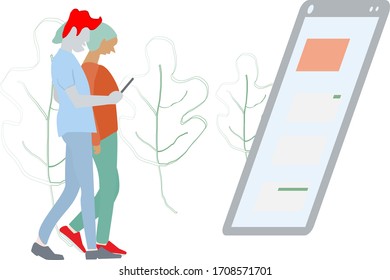 guy and girl go together. in front of lyudmi is a large tablet computer.trees in the background.you can edit it.vector.