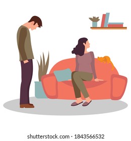 The guy and the girl had a fight. The girl is sitting on the couch. The man stands with his head bowed. Quarrel between a couple in love. Stressful situations. flat design, isolated, portrait.