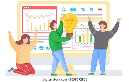 The guy with the girl happily raise their hands up. Man holding a light bulb. Characters communicate and spend time together. Work with statistics indicators and data analysis. People study the scheme