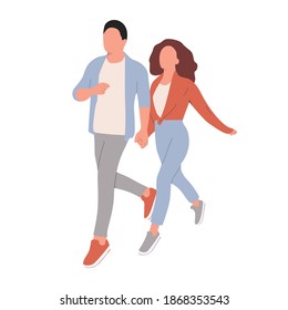 The guy and the girl happily walk holding hands. Happy couple