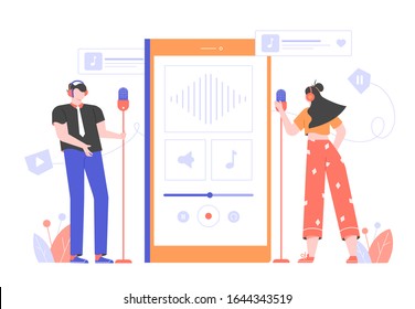 A guy and a girl in headphones are standing nearby a giant smartphone and microphones. Record a podcast, song, educational course, audiobook. Talk live online. Vector flat illustration with character