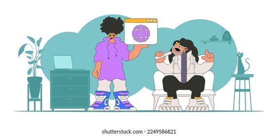 The guy and the girl help to find information on the Internet. Modern character style.