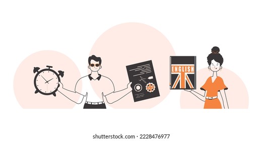 The guy and the girl helps teaches English. The concept of learning a foreign language. Linear modern style.