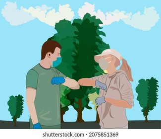 The guy and the girl hit their elbows in greeting. Safe greeting to prevent infection with Covid-19 flu coronavirus vector illustration. The new normal way of greeting. 