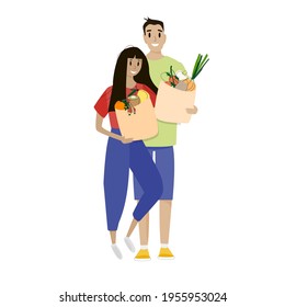 a guy and a girl hold crafting paper bags with vegetables and fruits. vector cartoon flat illustration. Eco-food shopping