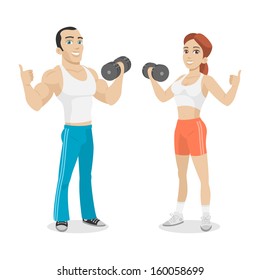 Guy and girl hold in dumbbell hand