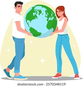 guy and girl hold planet earth in hands, man and woman preserve ecology of earth. Stock vector illustration