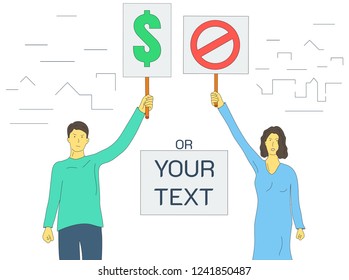 The guy and the girl are holding banners. Vector illustration. Protest