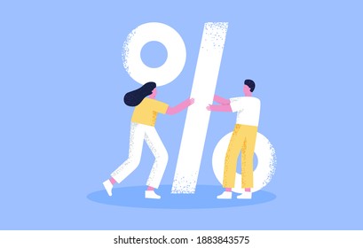 A guy and a girl are holding a big percent sign. Discounts on goods, promotions. Keep discounts. Financial interest. Increase, decrease in price