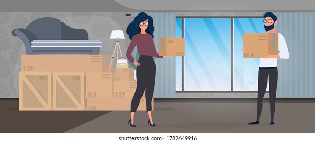 The guy and the girl are holding boxes in their hands. The concept of moving, changing housing, buying an apartment or moving an office. Vector.