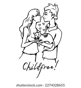 The guy   the girl are holding cat in their arms  Childfree couple  Drawing and black lines  marker  line art  Vector illustration