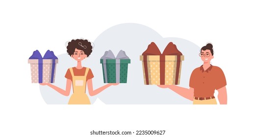 The guy and the girl are holding a festive gift box in their hands. Christmas gift concept.