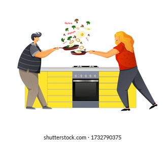 The guy and the girl are holding a frying pan in their hands. Food thrown into the air. Lovers play in the kitchen tossing food from the pans into the air.