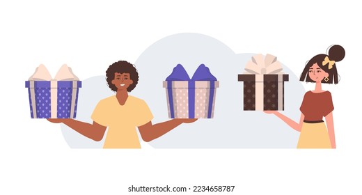 The guy and the girl are holding gift boxes. Gift concept for christmas or new year.