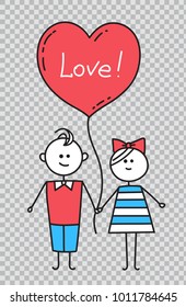 Guy and girl holding hands. Happy Valentines Card. Illustration for Valentines Day on transparent background