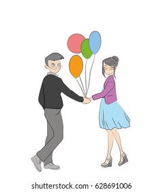 The guy and the girl holding hands for valentine's day. Love romance. Vector illustration